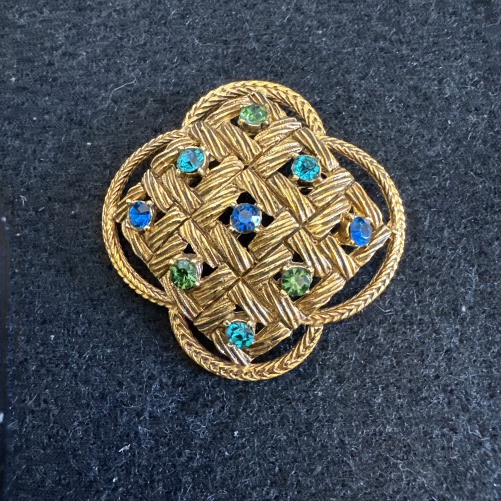 Florenza Vintage Gold Tone Woven Brooch Multicolored Rhinestones Rare EUC